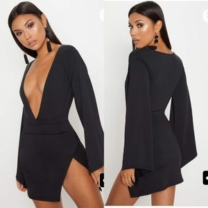 PrettyLittleThing Black Long Sleeve Deep V Dress